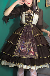 Dark Brown Japanese Country Style Alchemist Theme Bowknot Multi-Layer Ruffled Classic Lolita JSK Dress